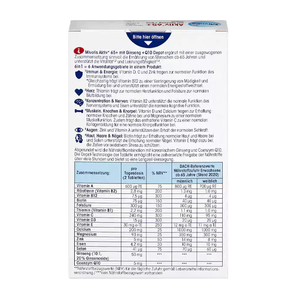 قرص مولتی ویتامین بالای 65 سال + جینسینگ + Q10 میوولیس 60 عددی
